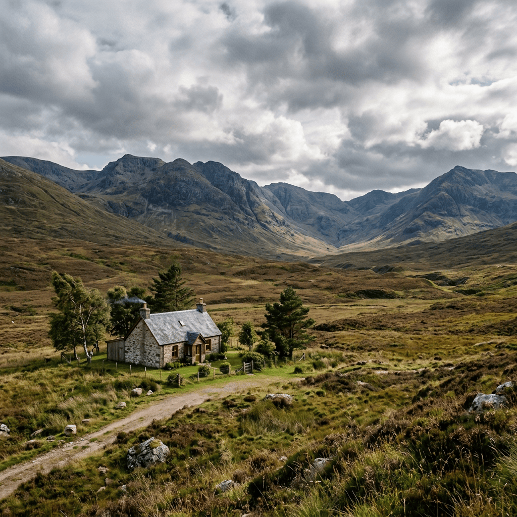 Stone cottage surrounded by trees in a grassy mountain valley with dramatic clouds overhead