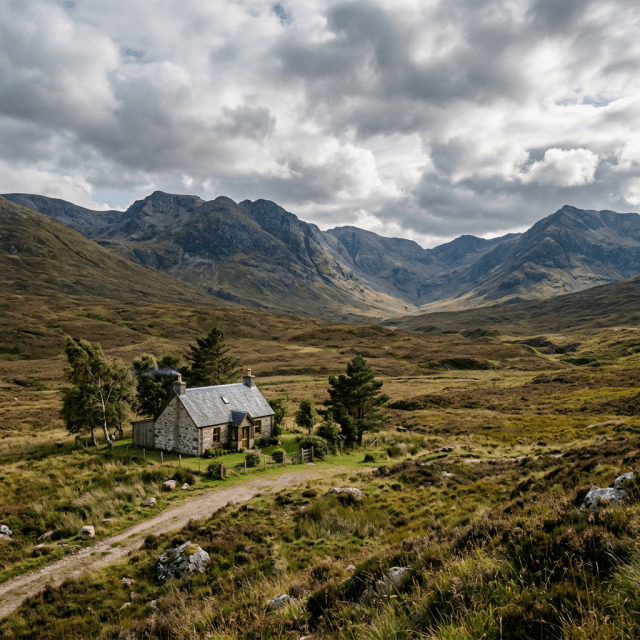 Stone cottage surrounded by trees in a grassy mountain valley with dramatic clouds overhead